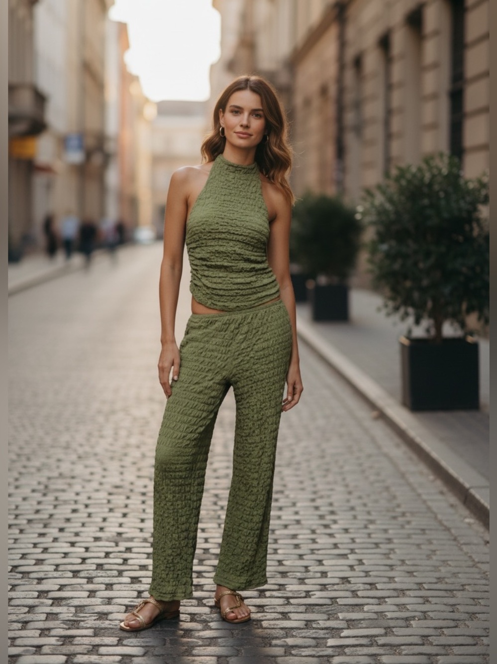 Zara Olive Textured Halter Top & Wide-Leg Pants Set